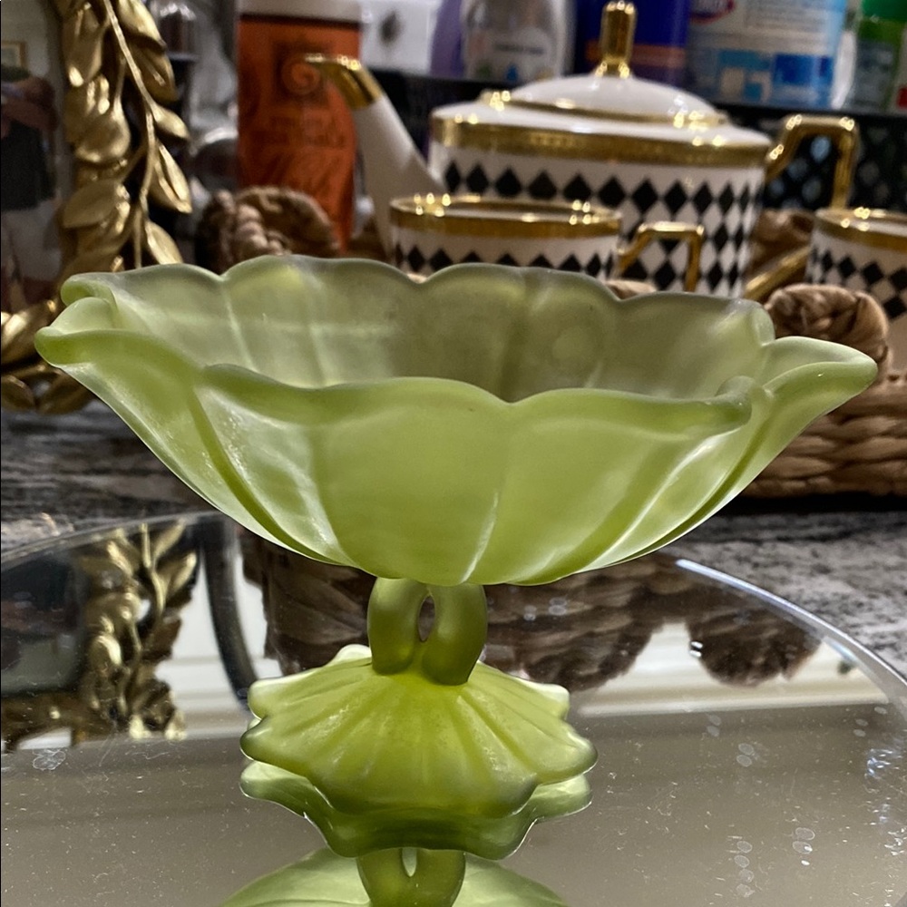 Vintage Westmoreland Green Satin Glass Lotus Pedestal Compote Dish!
